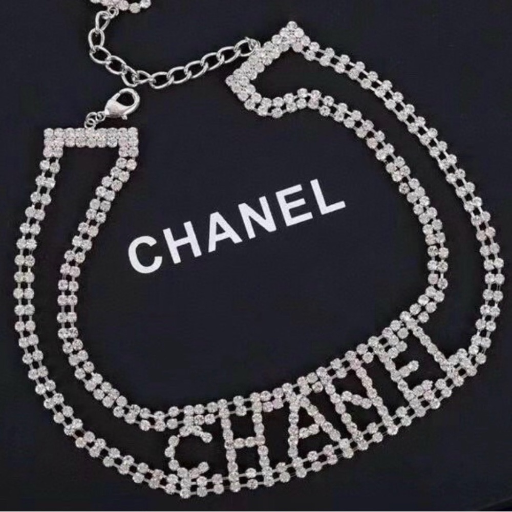 CHANEL CC Crystal Logo Silver Choker